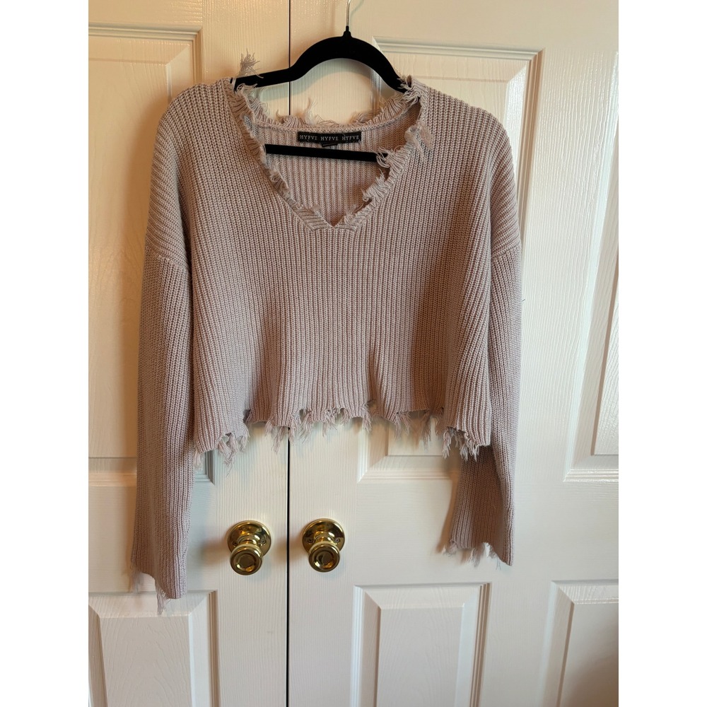 Hyfve Womens Distressed Cropped Sweater Mauve Ribbed Knit V-Neck Frayed Hem M